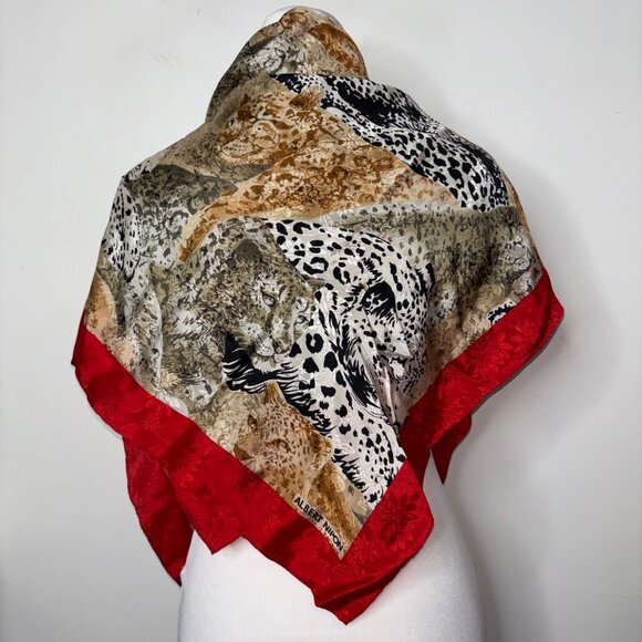 Albert Nipon Accessories - Vintage Albert Nipon Square Scarf Animal Black Brown Leopard Print Red Trim